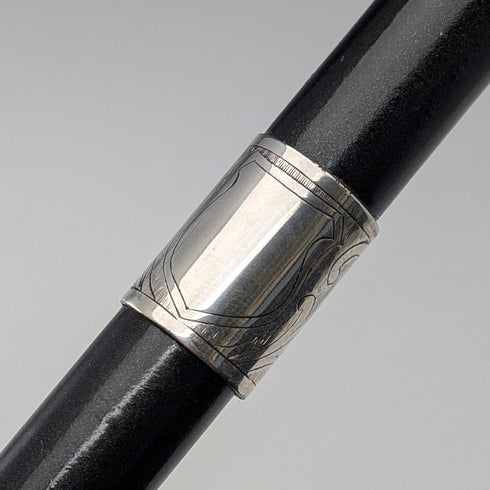1920s-30s British vintage black shaft curved handle sterling silver decorated walking stick 78cm